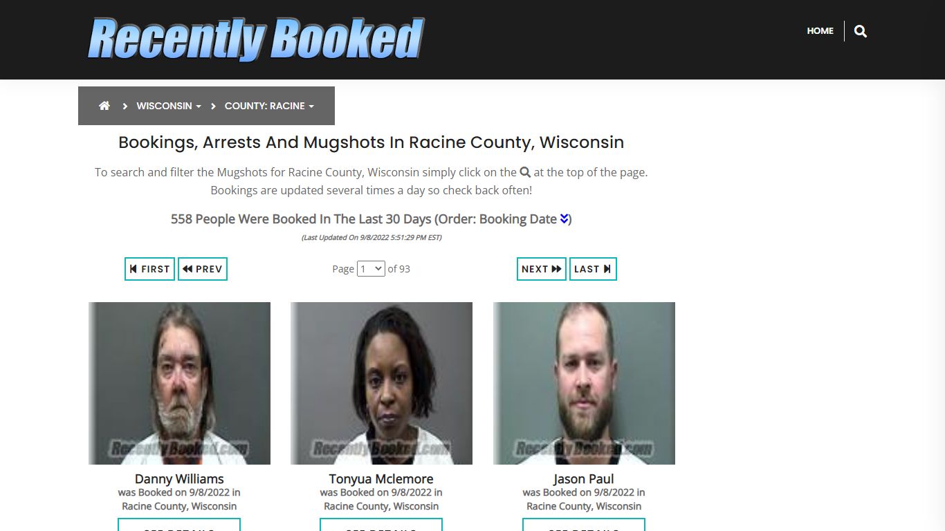 Bookings, Arrests and Mugshots in Racine County, Wisconsin